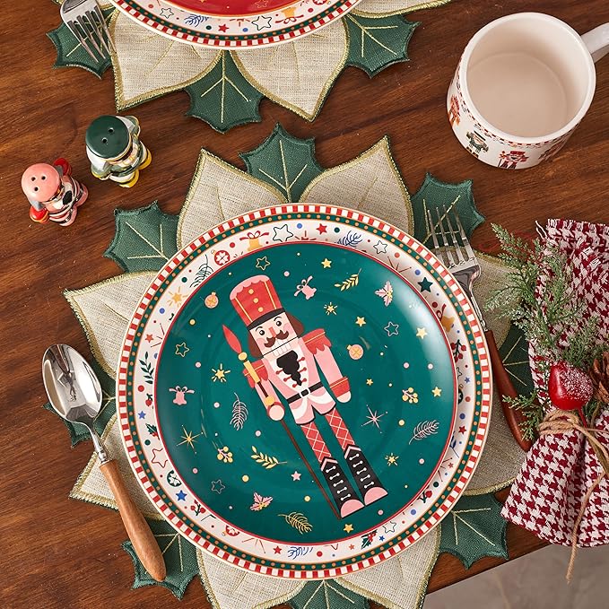 Bico Christmas Soldier Dinner Plates Set of 4, 11 Inch Large Ceramic Plates for Pasta, Steak, Stylish Serving Dishes, Microwave and Dishwasher Safe, Gift for Housewarming and Christmas
