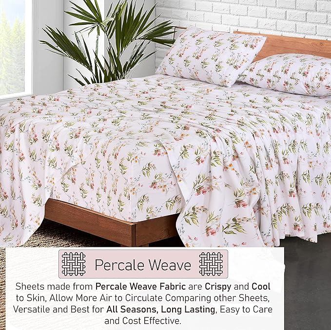 RUVANTI 100% Cotton Twin XL Sheet Sets, 3 Pieces, Soft & Breathable Percale Weave Bedding, Deep Pocket 16", Hotel Standard, Crisp Cool Feel, Durable, Perfect Size Floral Sheets, Floral Bliss