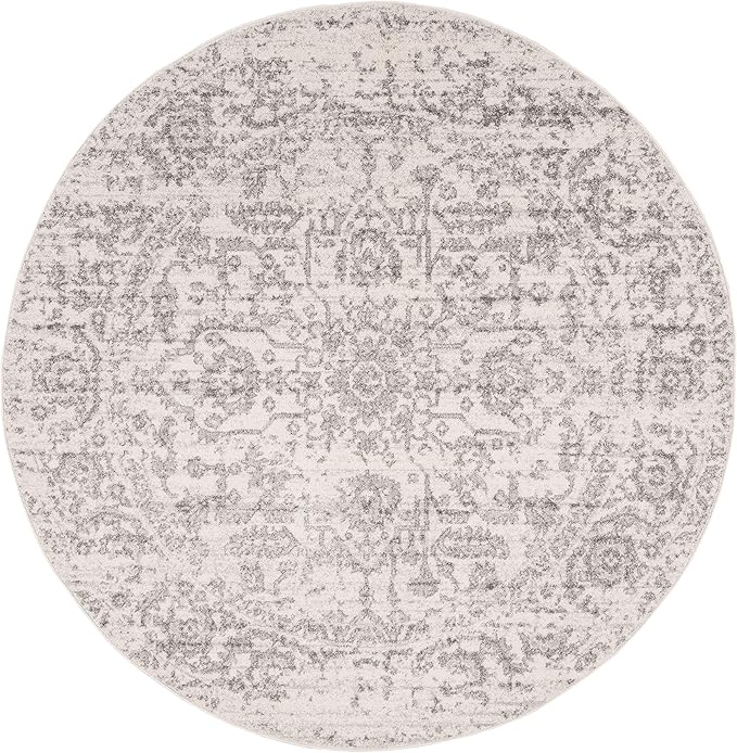 SAFAVIEH Madison Collection Area Rug - 8' Round, Silver & Ivory, Snowflake Medallion Distressed Design, Non-Shedding & Easy Care, Ideal for High Traffic Areas in Living Room, Bedroom (MAD603G)