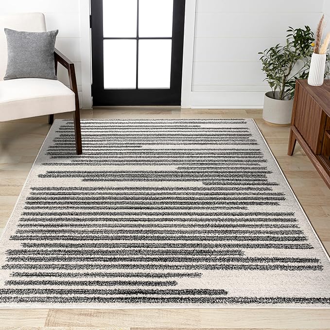 JONATHAN Y Khalil Modern Berber Stripe Cream/Black Indoor Area Rug, 12x18, Contemporary, Bohemian, Easy-Cleaning for Living Room, Bedroom, Kitchen, Pet Friendly, Non-Shedding (MOH207A-18)