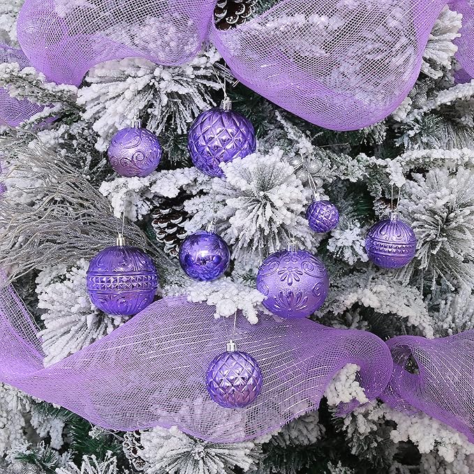 Christmas Ball Ornaments Light Purple Christmas Tree Decorations with Hang Rope-36pcs Shatterproof Christmas Ornaments Set with 6 Styles in 3 Sizes(Small Medium Large)