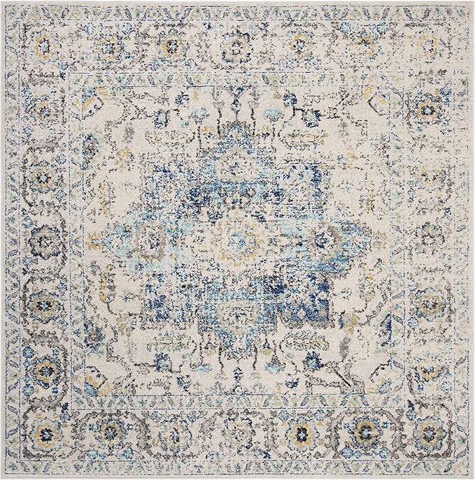SAFAVIEH Madison Collection Area Rug - 3' Square, Turquoise & Ivory, Snowflake Medallion Distressed Design, Non-Shedding & Easy Care, Ideal for High Traffic Areas in Living Room, Bedroom (MAD603K)