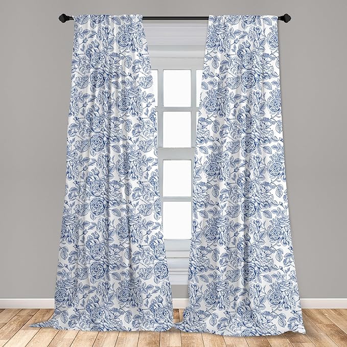 Ambesonne Rose Window Curtains Pack of 2, Vintage Design of Monochromatic Flowers with Leaves Drawing, Lightweight Set with Rod Pocket, 4 Panels of - 28" x 84", Pale Blue