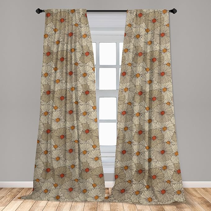 Ambesonne Vintage Window Curtains, Sketch Art Style Gerbera Daisies Abstract Flowers Autumn Garden Flourish, Lightweight Decorative Panels Set of 2 with Rod Pocket, 54" x 63", Marigold Orange