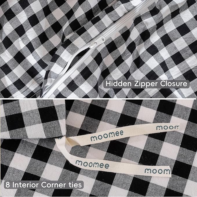 MooMee Gingham Duvet Cover Set 100% Washed Cotton Linen Like Textured Breathable Durable Soft Comfy Modern Checkered Design (Black White Gingham, Palatial King/Oversized King 120"x98")