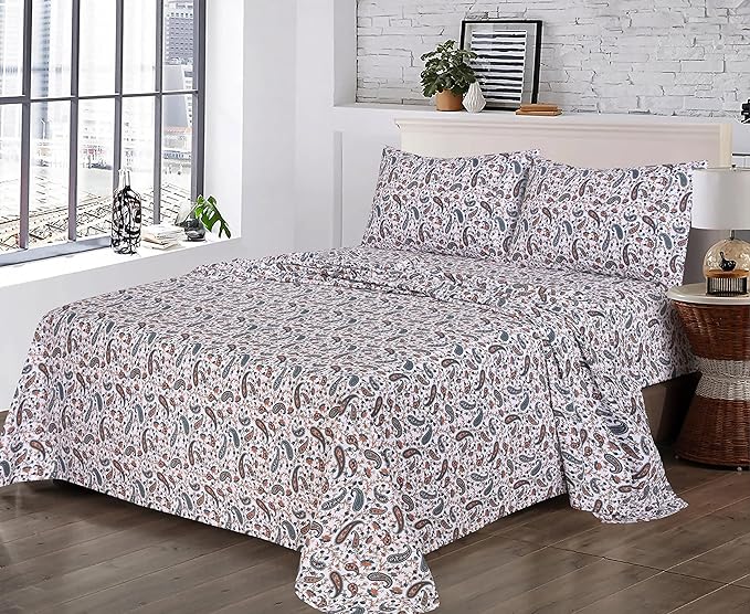 RUVANTI 100% Cotton King Size Sheets Set, 4 Pieces, Soft & Breathable Percale Weave Bedding, Deep Pocket 16", Hotel Standard, Crisp Cool Feel, Durable, Perfect Floral Bed Sheet, Teal Paisley