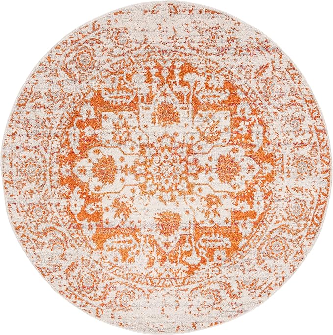 SAFAVIEH Madison Collection Area Rug - 5'3" Round, Orange & Ivory, Snowflake Medallion Distressed Design, Non-Shedding & Easy Care, Ideal for High Traffic Areas in Living Room, Bedroom (MAD603P)