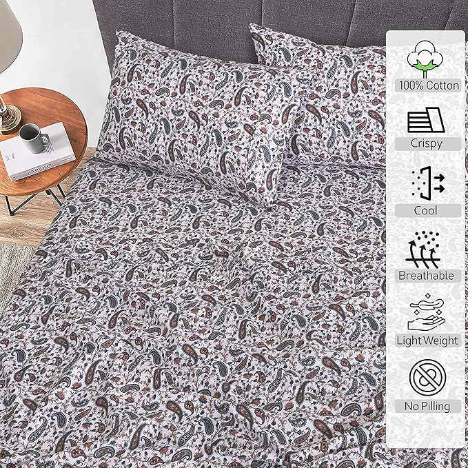 RUVANTI 100% Cotton King Size Sheets Set, 4 Pieces, Soft & Breathable Percale Weave Bedding, Deep Pocket 16", Hotel Standard, Crisp Cool Feel, Durable, Perfect Floral Bed Sheet, Teal Paisley