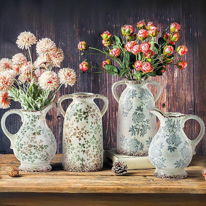Enra Large Vintage Green Ceramic Vase and Pitcher for Home Decor, 9.7 Inch Rustic Chinoiserie Decorative Vases, Green and Beige Ceramic Vases for Living Room, Kitchen, Office – Large Vases for Decor