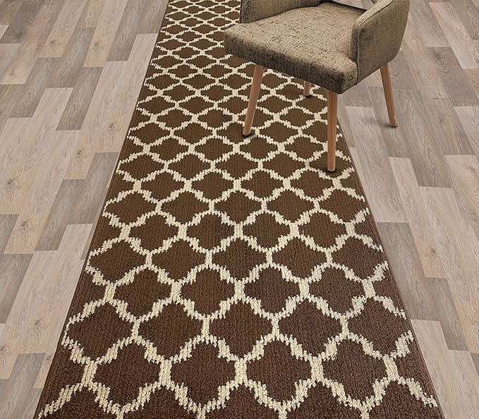 Custom Size Cut to Length Moroccan Trellis Design Runner Rug Mat For Wide Long Hallways with Non-Slip Rubber Backing, Better Traction for Pets, Prevent Slippage, Trellis Brown, 31 inch X 11 feet