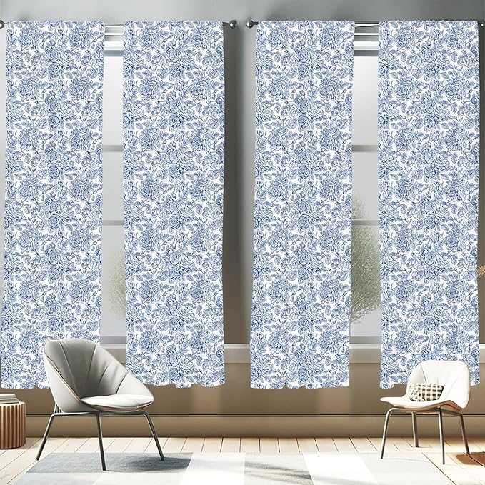 Ambesonne Rose Window Curtains Pack of 2, Vintage Design of Monochromatic Flowers with Leaves Drawing, Lightweight Set with Rod Pocket, 4 Panels of - 28" x 84", Pale Blue