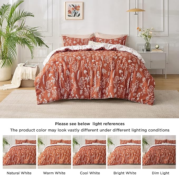 Bedsure Full Comforter Set - Terracotta Bed Set, 3 Pieces Cute Floral Bedding, 1 Soft Reversible Botanical Flowers Comforter and 2 Pillow Shams
