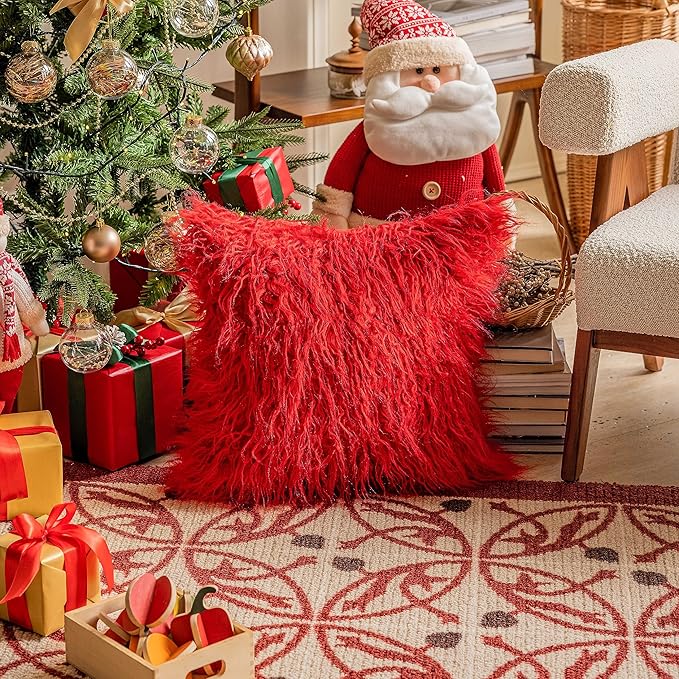Home Brilliant Pillow Covers 18x18 Faux Fur Throw Pillow Covers Wedding Christmas Decorative Pillow Cases Red Cushion Covers Set of 2, 45cm x 45cm, Red