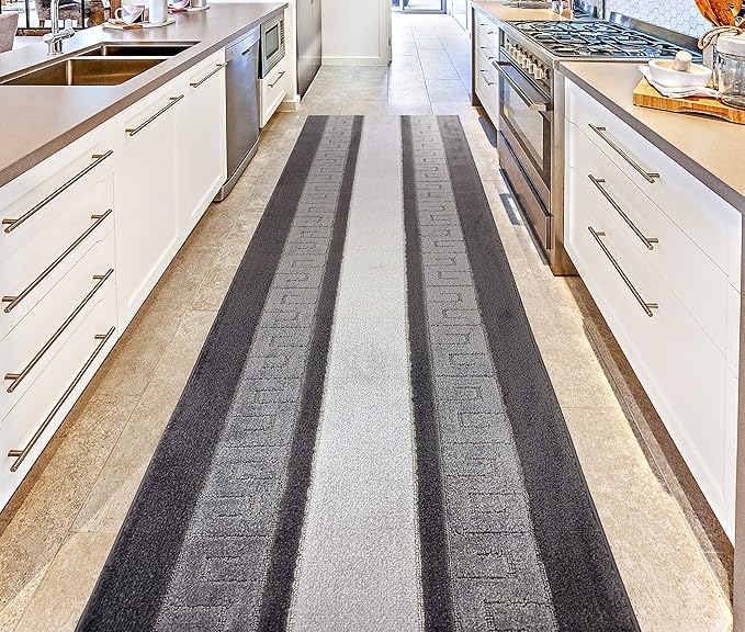 Custom Length Cut to Size Ancient Latin Hellenic Motif Carpet Runner Rug for Hallways, Non Slip Rubber Backed, 31 inch Wide X Customized Length, Greek Key Grey, 31 inch X 17 feet