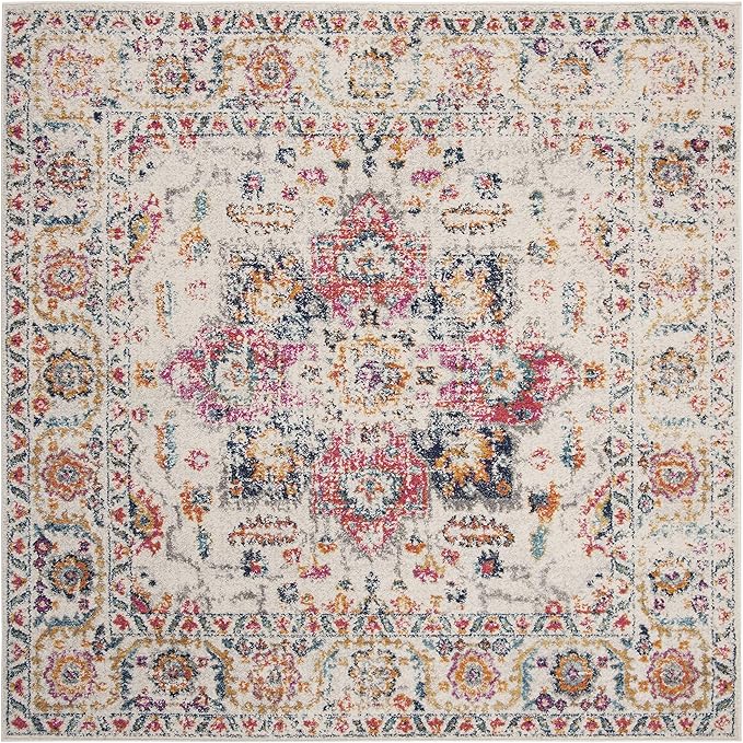 SAFAVIEH Madison Collection Area Rug - 4' Square, Purple Pink Fuchsia & Ivory, Boho Chic Distressed Design, Non-Shedding & Easy Cleaning, Ideal for Living Room, Bedroom, Office, Dining Space (MAD603R)