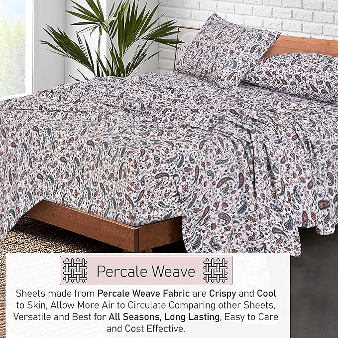 RUVANTI 100% Cotton King Size Sheets Set, 4 Pieces, Soft & Breathable Percale Weave Bedding, Deep Pocket 16", Hotel Standard, Crisp Cool Feel, Durable, Perfect Floral Bed Sheet, Teal Paisley