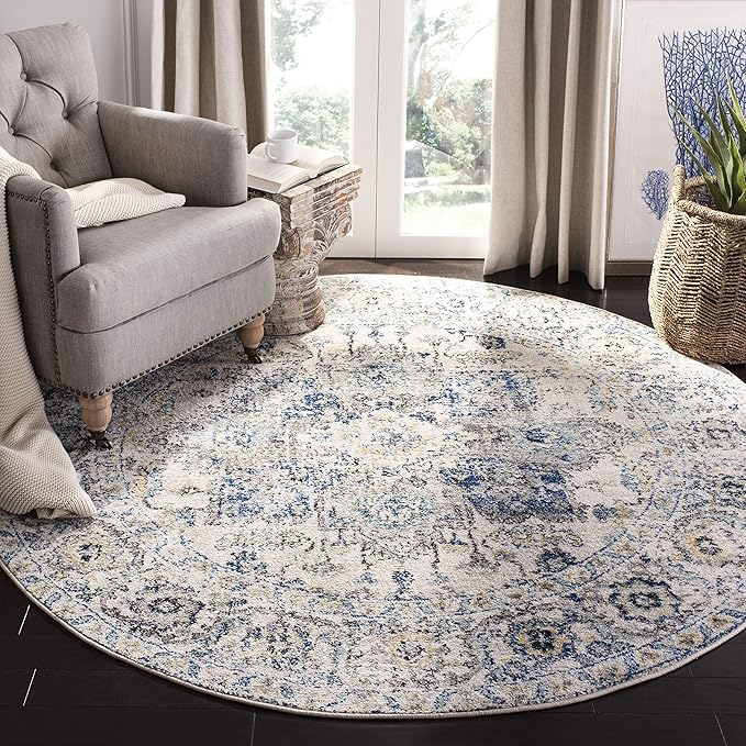 SAFAVIEH Madison Collection Area Rug - 6'7" Round, Grey & Ivory, Snowflake Medallion Distressed Design, Non-Shedding & Easy Care, Ideal for High Traffic Areas in Living Room, Bedroom (MAD603F)