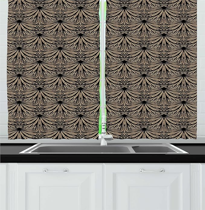 Lunarable Vintage Kitchen Curtains, Art Deco Inspired Pattern with Leafy Details Classic Antique Layout, Window Drapes 2 Panel Set for Kitchen Cafe Decor, 55" x 30", Charcoal Grey and Ecru