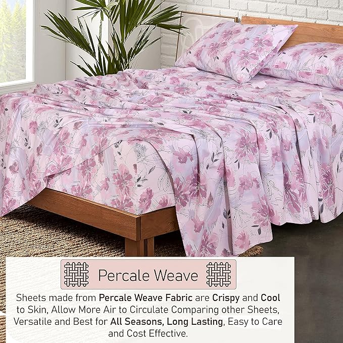 RUVANTI 100% Cotton Twin XL Sheet Sets, 3 Pieces, Soft & Breathable Percale Weave Bedding, Deep Pocket 16", Hotel Standard, Crisp Cool Feel, Durable, Perfect Size Floral Sheets, Lilac Floral