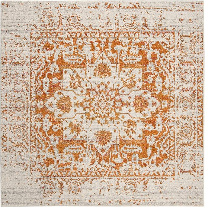 SAFAVIEH Madison Collection Area Rug - 6'7" Square, Orange & Ivory, Snowflake Medallion Distressed Design, Non-Shedding & Easy Care, Ideal for High Traffic Areas in Living Room, Bedroom (MAD603P)