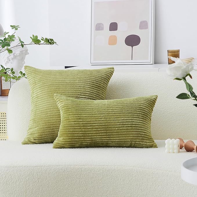 Home Brilliant Green Throw Pillow Cover Decoration Solid Striped Corduroy Plush Velvet Decorative Pillow Case Accent Spring Pillow Cover for Couch Decor, 18x18 inch (45cm), Grass Green