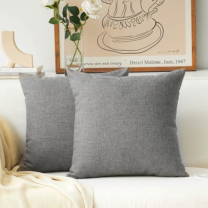 Home Brilliant 2 Pack Textured Linen Throw Pillow Covers Burlap Cushion Covers for Couch Bench Sofa, 20x20 inch(50cm), Dark Grey