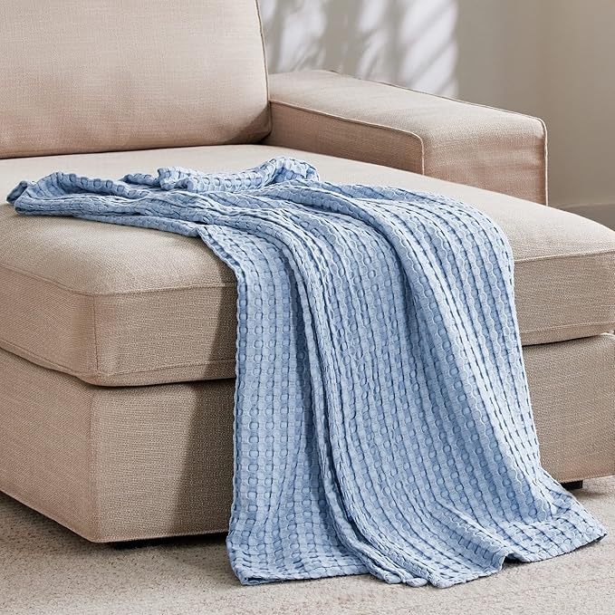 Bedsure Cooling Cotton Waffle Weave Blanket - Lightweight Breathable Blanket of Rayon Derived from Bamboo for Hot Sleepers, Luxury Throws for Bed, Couch and Sofa, Sky Blue, 50x70 Inches