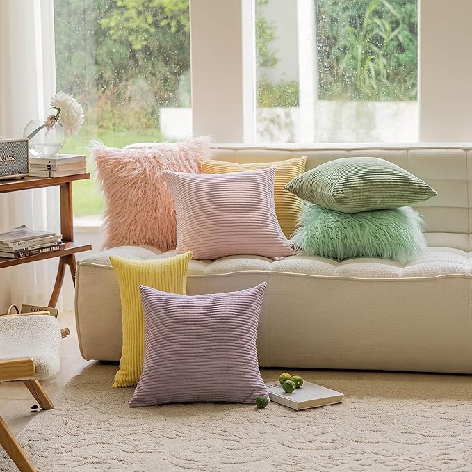 Home Brilliant Coral Throw Pillow 24x24 Pillow Covers for Room Large Euro Sham Super Soft Striped Velvet Couch Throw Pillow Cover for Wedding, 24 x 24 (60cm), Blush Pink