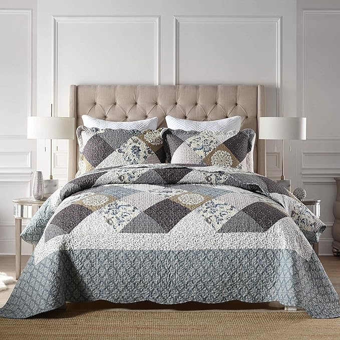 Travan 3-Piece Queen Quilt Set Quilted Bedspread Oversized Microfiber Lightweight Coverlet Set with Shams Reversible Printed Coverlet Bedding Set for All Season, Slate Blue, Queen Size