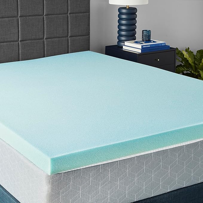 Amazon Basics Cooling Gel-Infused Memory Foam Mattress Topper, CertiPUR-US Certified, 3 inches, Queen, Blue