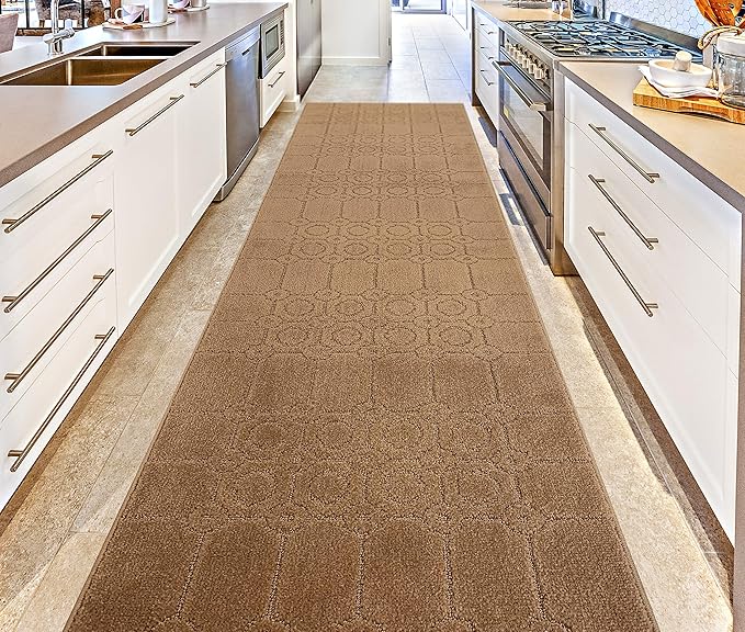 Custom Size Modern Abstract Floor Carpet Runner Rug for Hallways, Slip Resistant Latex Rubber Backed, 31 inch Wide X Customized Length, Art Gold Tan, 31 inch X 13 feet