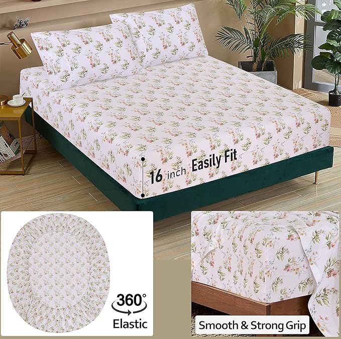 RUVANTI 100% Cotton Twin Sheets Set, 3 Pieces, Soft & Breathable Percale Weave Bedding, Deep Pocket 16", Hotel Standard, Crisp Cool Feel, Durable, Perfect Floral Bed Sheet, Floral Bliss