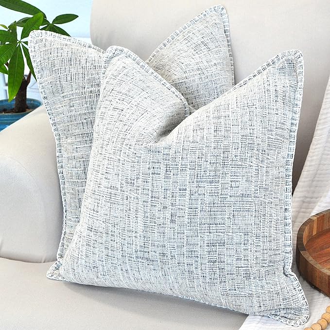 20x20 Stitched Edge Textured Chenille Throw Pillow Covers Cream White & Black Texture Set of 2 Soft Cushion Covers Modern Farmhouse Decorative Square Pillow Cases for Couch Sofa