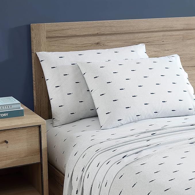 Nautica - King Size Sheets Set, Crisp & Tailored Cooling Sheets with a Smooth Cotton Percale Lightweight Feel - Bed Sheets with Matching Pillowcases & Fitted Sheet (Whale Stripe Blue)