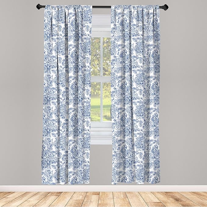 Ambesonne Rose Window Curtains Pack of 2, Vintage Design of Monochromatic Flowers with Leaves Drawing, Lightweight Set with Rod Pocket, 4 Panels of - 28" x 84", Pale Blue