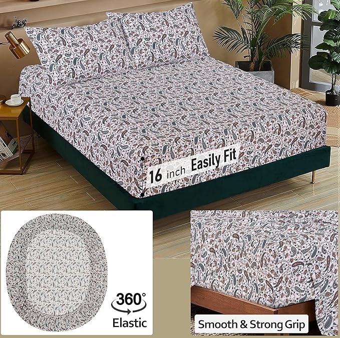 RUVANTI 100% Cotton King Size Sheets Set, 4 Pieces, Soft & Breathable Percale Weave Bedding, Deep Pocket 16", Hotel Standard, Crisp Cool Feel, Durable, Perfect Floral Bed Sheet, Teal Paisley