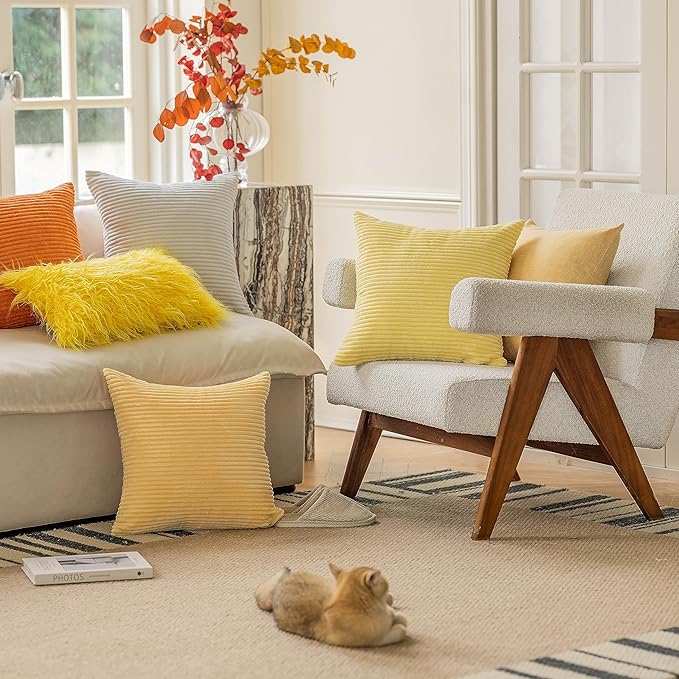 Home Brilliant 20x20 Throw Pillow Cover Soft Plush Pillow Cover Solid Striped Corduroy Throw Pillows for Couch Sofa Furniture Fall Winter Decorations, 20x20 inch (50cm), Light Yellow