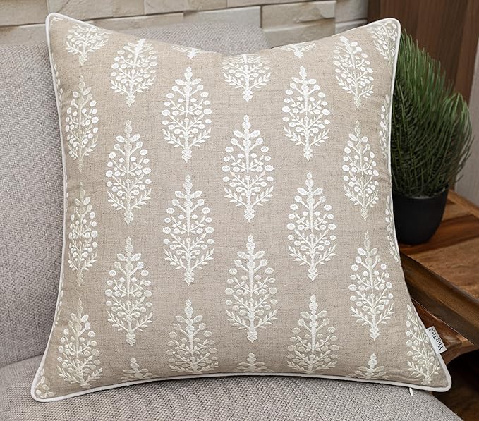 Chandni Paiseley Embroiderd Decorative Square Accent Throw Pillow Cover - Sofa, Chair, Couch, Bedroom, Living Room, Farmhouse Home Decor - 20x20 Inches-Natural