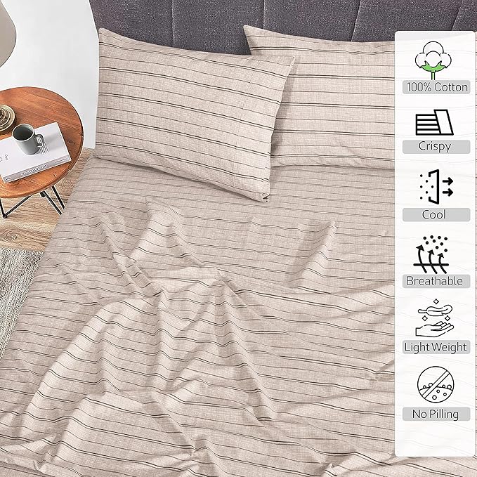 RUVANTI 100% Cotton King Size Sheets Set, 4 Pieces, Soft & Breathable Percale Weave Bedding, Deep Pocket 16", Hotel Standard, Crisp Cool Feel, Durable, Perfect Striped Bed Sheet, Brown Stripes