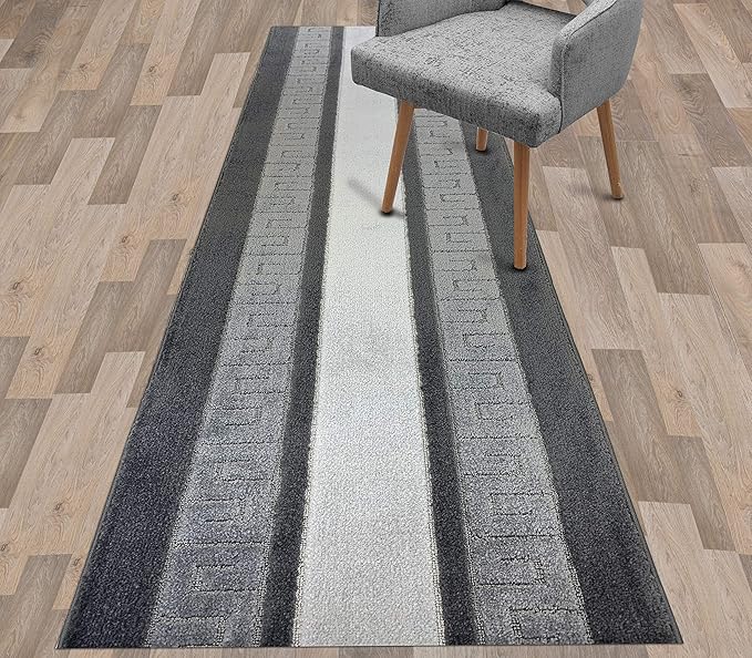Custom Length Cut to Size Ancient Latin Hellenic Motif Carpet Runner Rug for Hallways, Non Slip Rubber Backed, 31 inch Wide X Customized Length, Greek Key Grey, 31 inch X 17 feet