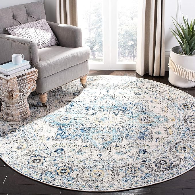 SAFAVIEH Madison Collection 6'7" Round Turquoise/Ivory MAD603K Oriental Snowflake Medallion Distressed Non-Shedding Dining Room Entryway Foyer Living Room Bedroom Area Rug