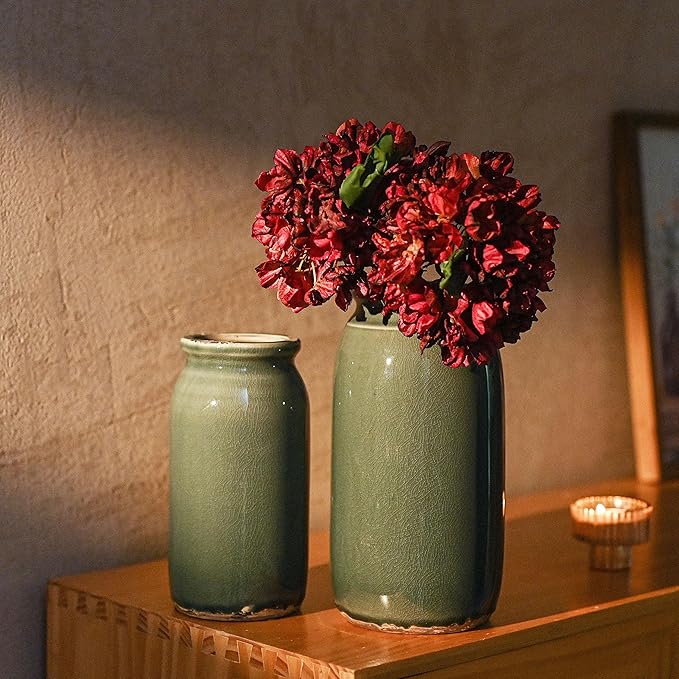 VICTOR & TERESA Rustic Blue and Grey Vase for Home Decor, Ceramic Vases for Flowers, Modern Farmhouse Decorative Vases for Pampas Grass,Table Accent, Mantel, Living Room,Bookshelf, Centerpieces, 8''