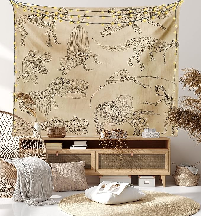 Lunarable Dinosaur Tapestry Twin Size, Hand Drawn Style Skeletons Bones from Medieval Times Archeology Theme, Wall Hanging Bedspread Bed Cover Wall Decor, Twin Size, Sand Brown Army Green