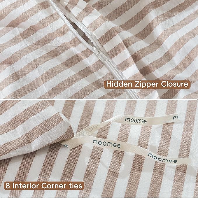 MooMee Striped Duvet Cover Set 100% Washed Cotton Linen Like Textured Breathable Durable Soft Comfy (Orange Classic Stripes, King 104"x90")