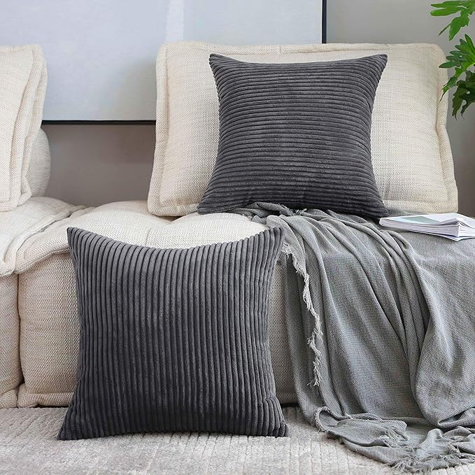 Home Brilliant Set of 2 Soft Striped Velvet Decorative Pillows Covers 16x16 inch, Cushion Covers for Couch 40x40cm, 16 x 16 Inch, Dark Grey