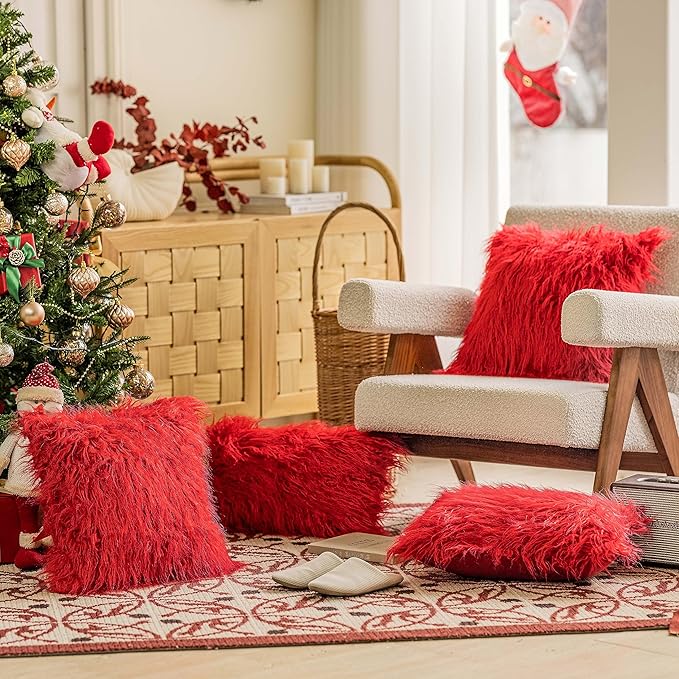 Home Brilliant Pillow Covers 12x20 Rectangle Super Soft Fluffy Faux Fur Oblong Lumbar Throw Pillow Cover for Bed Christmas, Set of 2, 12x20 inch, Red