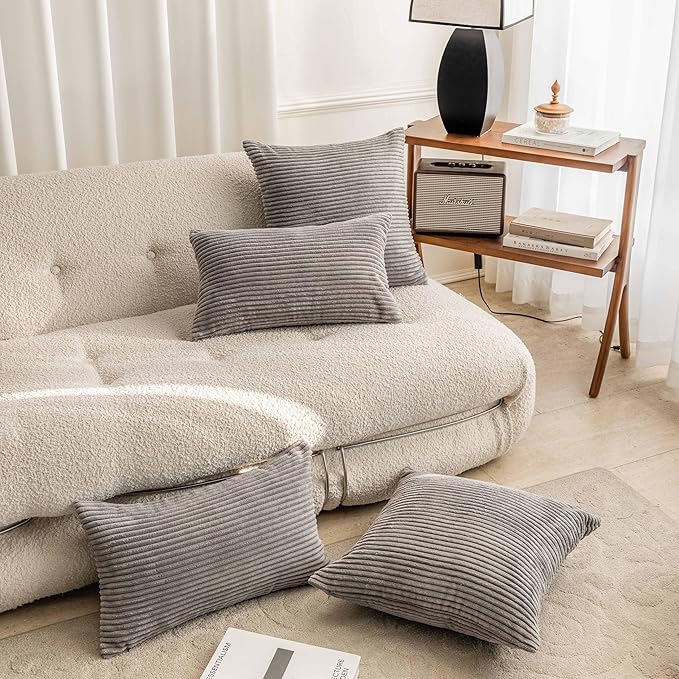 Home Brilliant Square Throw Pillow Cover 24x24 Solid Striped Corduroy Pllowcase Super Soft Plush Velvet Cushion Cover for Chair Couch Patio Furniture, 24 x 24 inch (60cm), Ash Grey