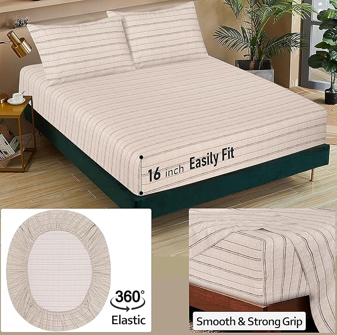 RUVANTI 100% Cotton King Size Sheets Set, 4 Pieces, Soft & Breathable Percale Weave Bedding, Deep Pocket 16", Hotel Standard, Crisp Cool Feel, Durable, Perfect Striped Bed Sheet, Brown Stripes
